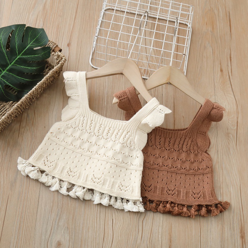 Children's Sweater Spring and Autumn Outfit for Baby Girls: Sweet Knitted Ruffled Openwork Tassel Vest Two-Piece Set