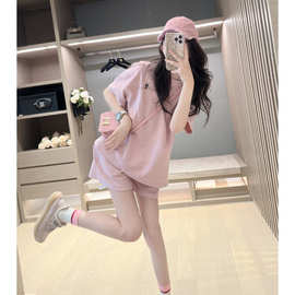 网红粉色休闲运动套装女夏季宽松显瘦小个子洋气时尚休闲短裤套装