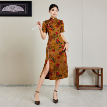 印花滚边撞色复古绸缎旗袍来料加工包工包料贴牌生产加工定制