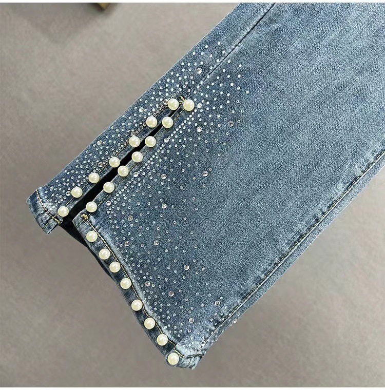 High-waisted Rhinestone Flared Jeans With Side Slits Denim Trousers_voghion.com