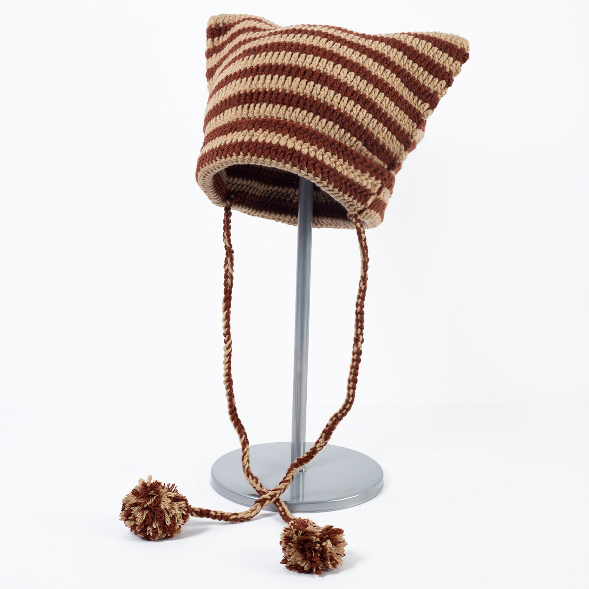 Süße kleine Teufel gestreifte gestrickte Wollmütze weibliche Herbst und Winter coole trendige Katzenohren süße Pullover kalte Mütze_voghion.com