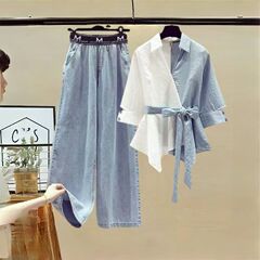 大码女装200斤胖妹妹夏季套装女拼接假两件衬衫显瘦百【浅色】