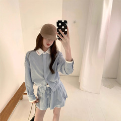 aaaaxbbb 冷调锡蓝 蓝格子套装翻领衬衫花苞裙短裙撞色系带上衣女