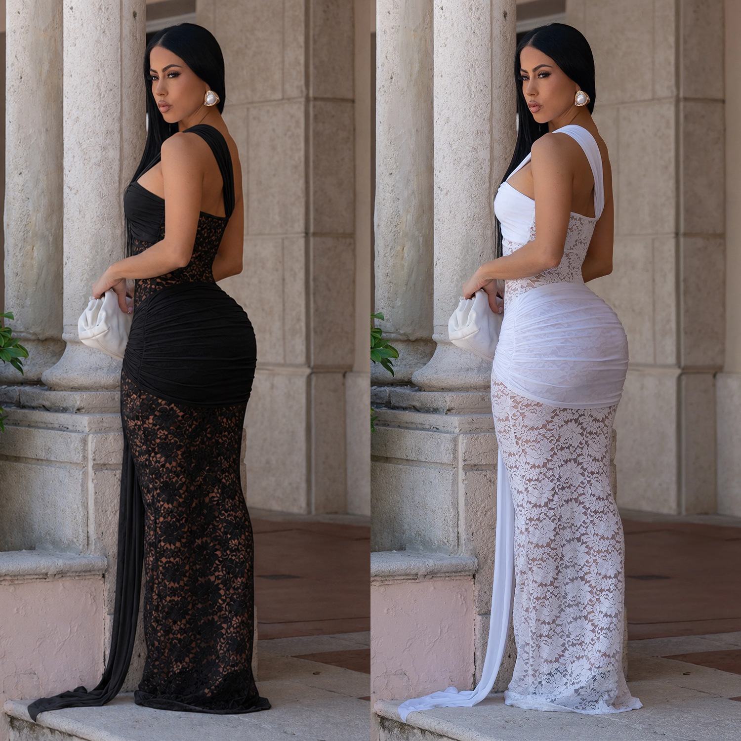 C7692 Aliexpress transfronterizo Amazon Europa y América ropa de moda femenina de encaje sexy vestido de hombro inclinado image 3
