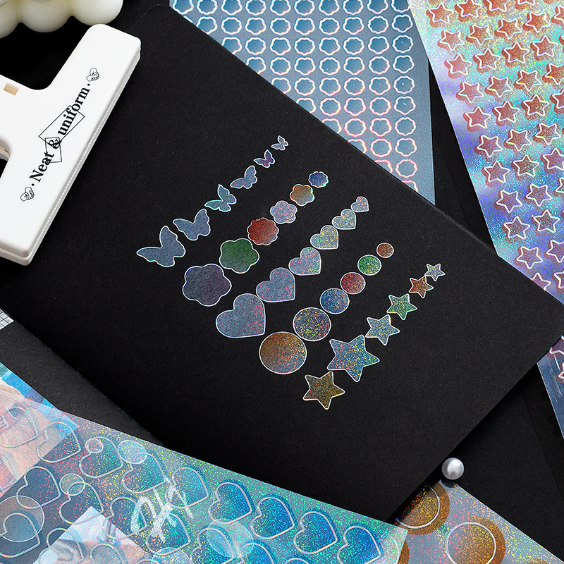 Borde de plata amor mariposa color gradiente láser Goo tarjeta mano cuenta pegatinas DIY foto material decorativo papelería pegatinas