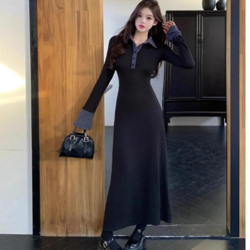 New Style Waist-Cinching Slim-Fit Black Elegant Lapel Long-Sleeve Dress for Women Winter Ruffle Long Dress