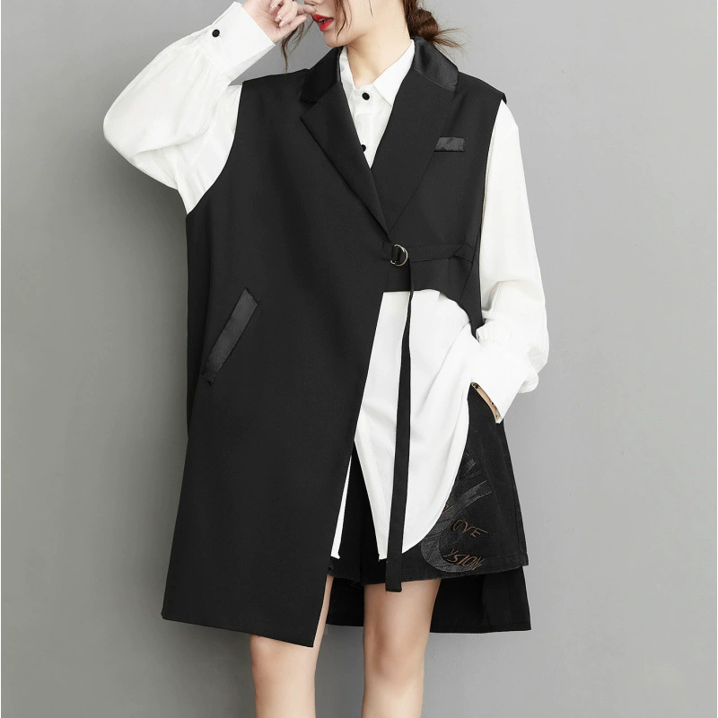 Весенний новый дизайн чувствует средний длинный костюм жилет черный ретро коммутирус