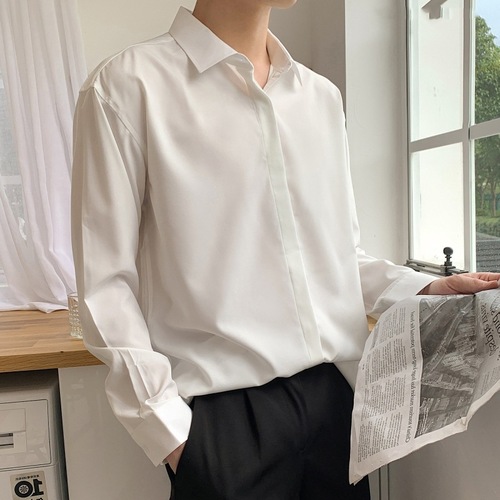 Summer Ice Silk Design Long-Sleeve Loose Men's Shirt Trendy Cool Casual Solid Color Youth Shirt