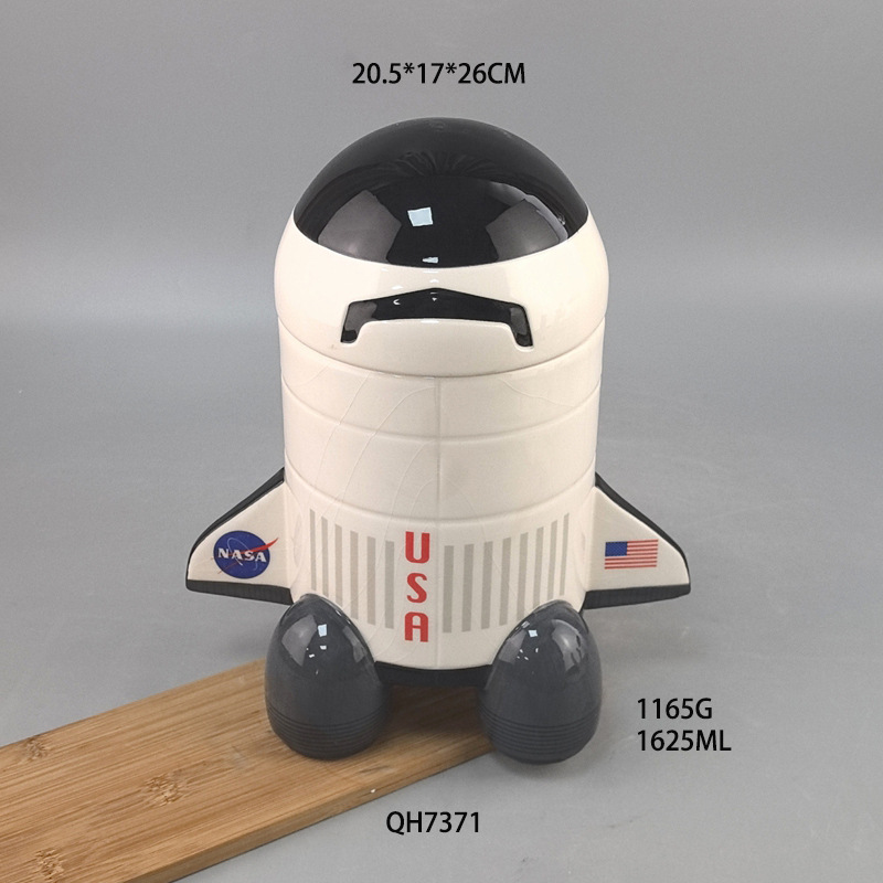 Tanque sellado de cerámica con forma de cohete Nasa Tanque de galletas de gatito de tierra de nube blanca Tanque de almacenamiento de cerámica grande transfronterizo