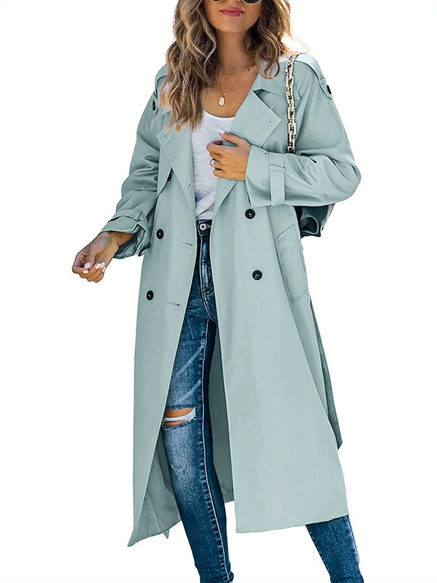 Women's Classic Double Breasted Long Trench Coat with Belt