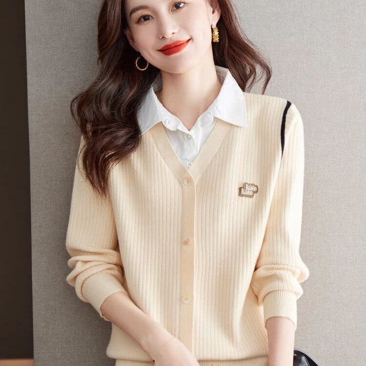 Fake Two-piece Top Women's Sweater Spring 2025 New Long-sleeved Shirt Collar Knitted Base Shirt