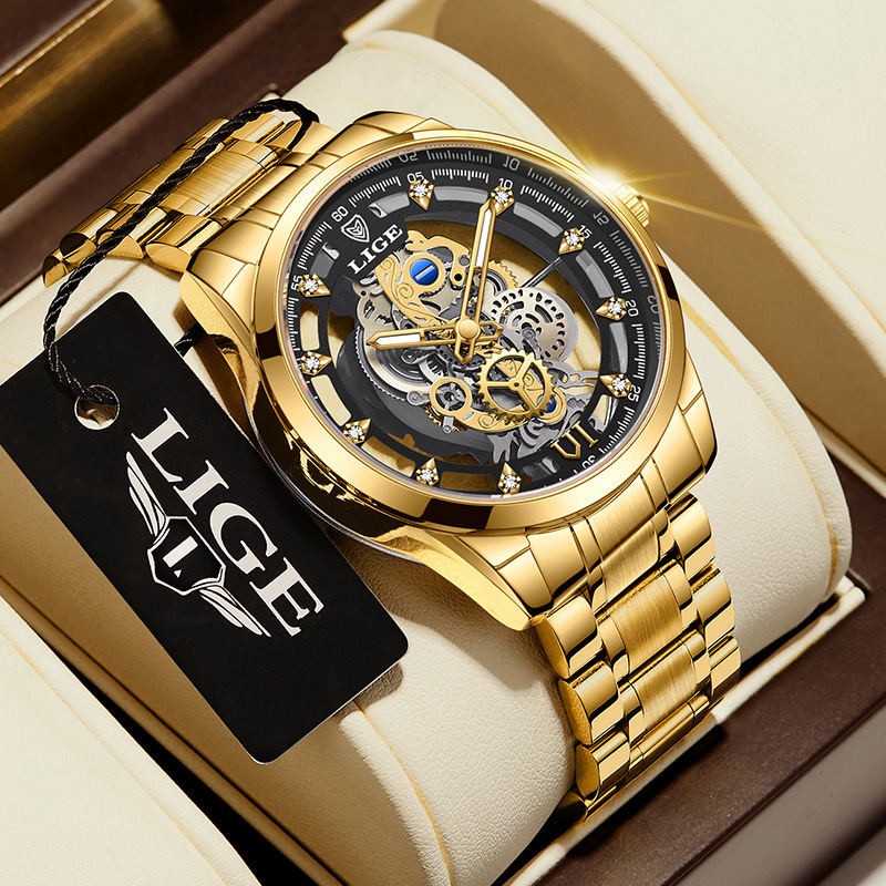 LIGE cross-border for men's quartz watch hollow transparent new concept watch Business Men's waterproof watch