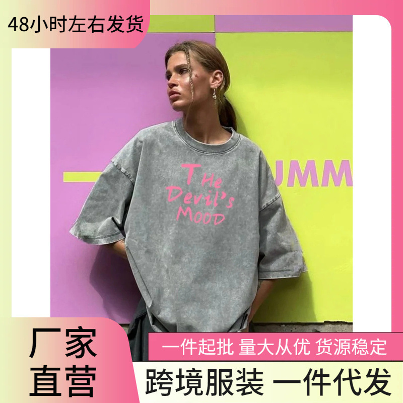Fashion Women Cotton Washed T-Shirt Devil's Moon Letter Print Tops Casual O-Neck Oversized T-Shirt Streetwear
