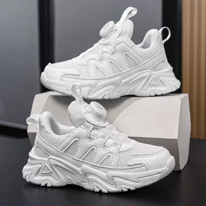 2024新款儿童旋钮白色运动鞋夏款网面透气男童鞋子轻便跑鞋女童