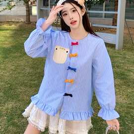 实拍2025春装新款胖mm大码女条纹木耳边立体蝴蝶扣百搭长袖衬衣