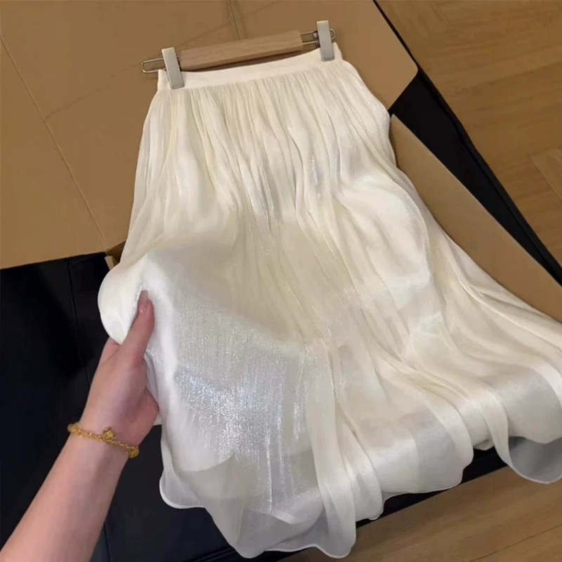 Off-white shimmering tulle skirt for women, new style, extremely attractive, loose-fitting, slimming, mesh, mid-length, A-line, pleated long skirt Off-white shimmering tulle skirt for women, new style, extremely attractive, loose-fitting, slimming, mesh, mid-length, A-line, pleated long skirt