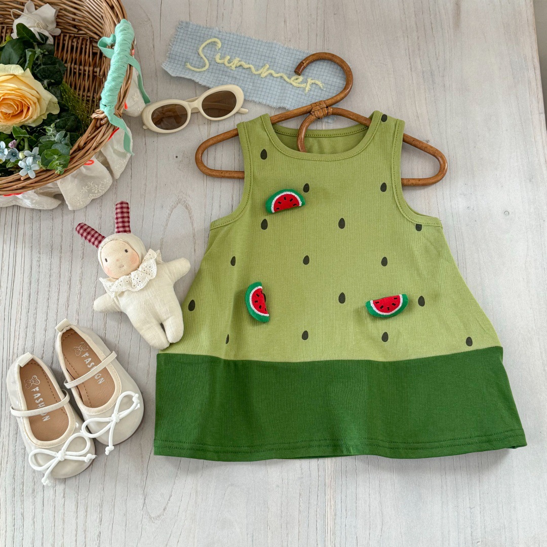 Vestido de bebé de siete niñas de limón salado verano nuevo estilo 25 verde fresco chaleco de sandía falda costura vestido de princesa tridimensional