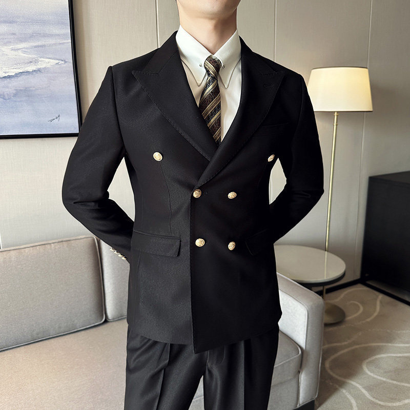Blazer British Style Men's Suit with Metal Buttons, Double-Breasted, Korean Style Slim Fit Wedding Banquet Business Suit