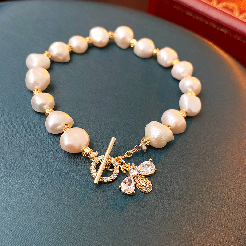 Copper Chain Material 1 Piece Quantity Wholesale Retro Heart Shape Bee Freshwater Pearl Copper Bracelets