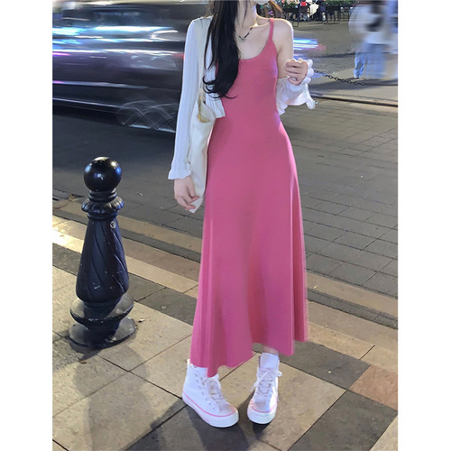 Knitted suspender pink dress for women new summer outer wear hot girl chic waist slim fit inner long skirt with temperament
