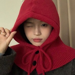 South Korea Balaclava Hat Women's Winter Warm Hat Scarf One-piece Knitted Ear Protection Wool Hat Knitted Hat