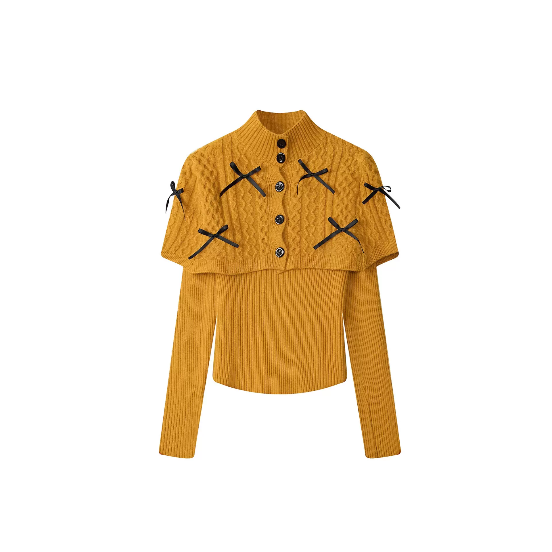 韩系复古橘色毛衣女秋冬高级感半高领蝴蝶结披肩斗篷针织套装上衣