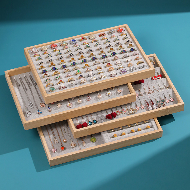 Gray-colored jewelry tray bamboo wood large capacity bracelet, bracelet, necklace, earring, earring, ring, accessory storage and display tray