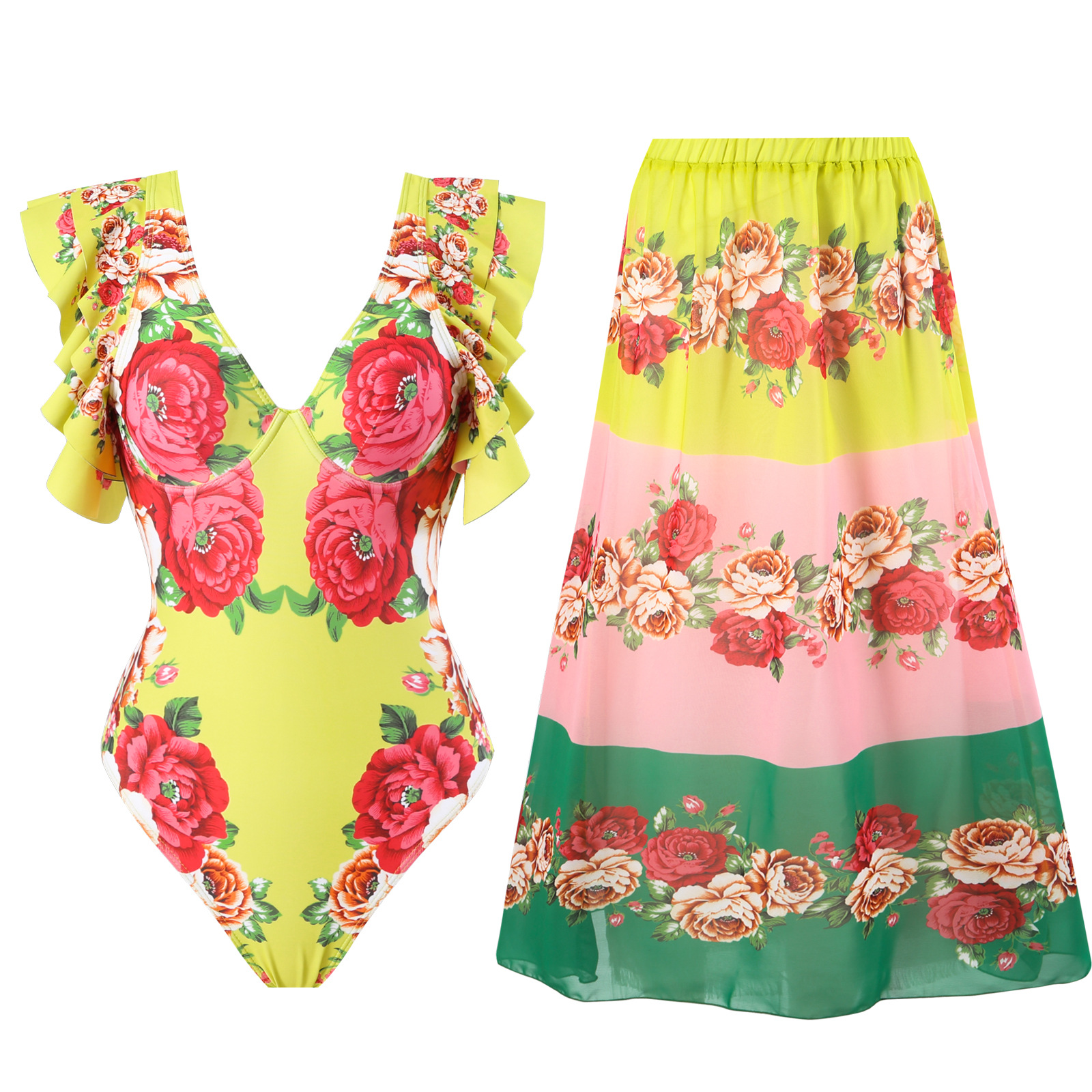 154g Weight Sleeveless Sleeve Length Polyester Fabric Type Regular Top Length One-pieces Tops Type 2 Pieces Set Quantity Swimming Occasion V Neck Neckline Slim Fit Type Printing, Ditsy Floral Pattern Women's Gender Elegant Style Women's Elegant Printing Ditsy Floral 2 Pieces Set One Piece Swimwear 2