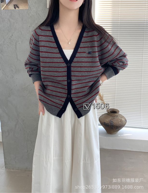 复古气质V领条纹毛衣开衫女25秋冬韩版慵懒风宽松软糯针织外套C73|undefined