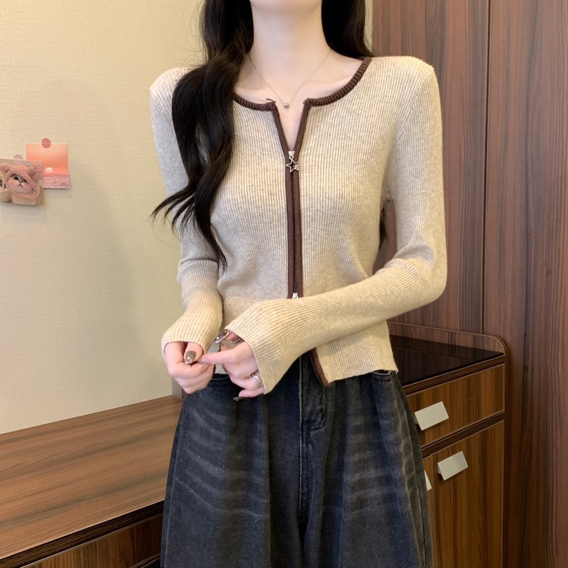 双拉链设计感撞色针织开衫女2025秋装新款内搭修身显瘦毛衣A6501|undefined