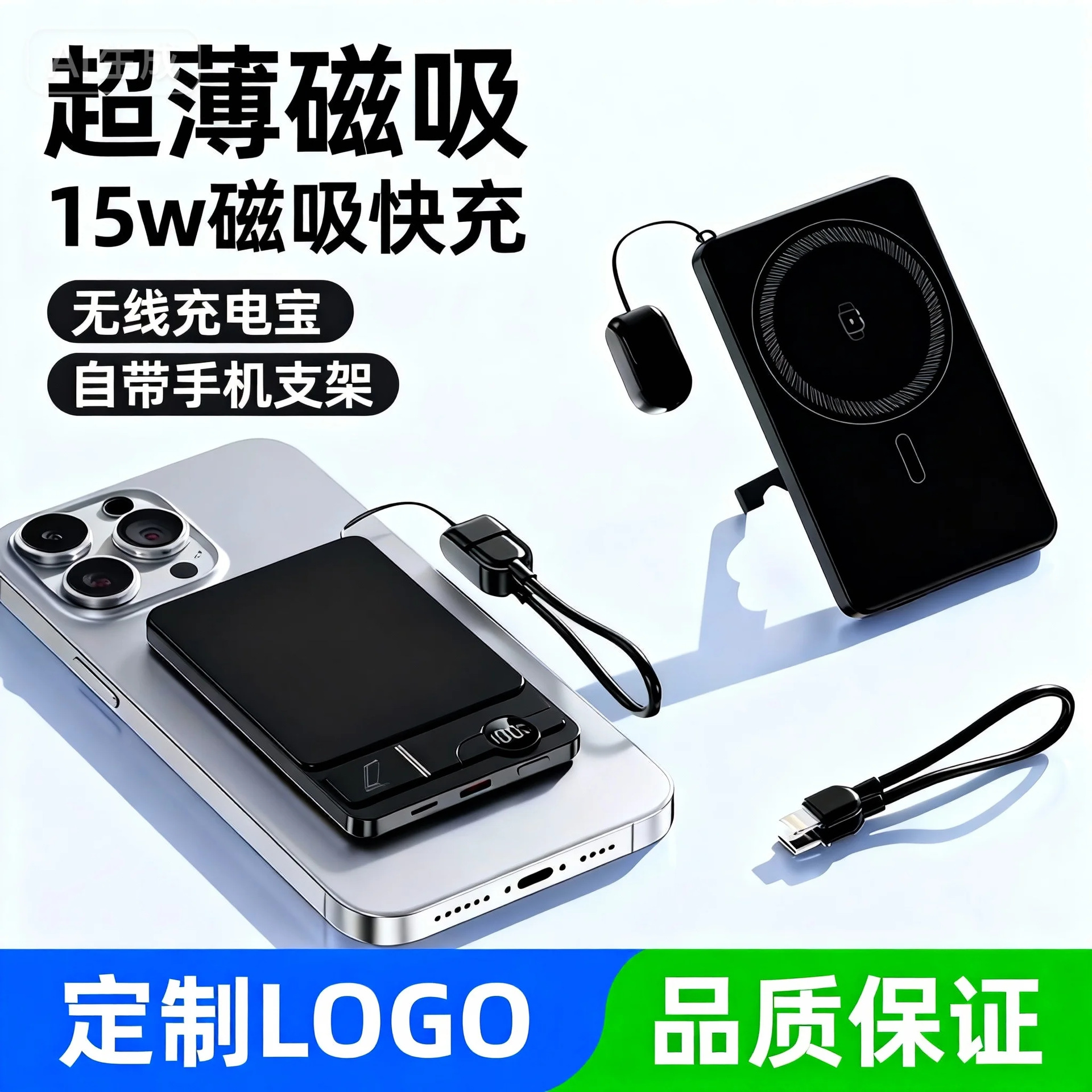 新款充电宝磁吸款15W充电宝批发带手机支架直播充电宝