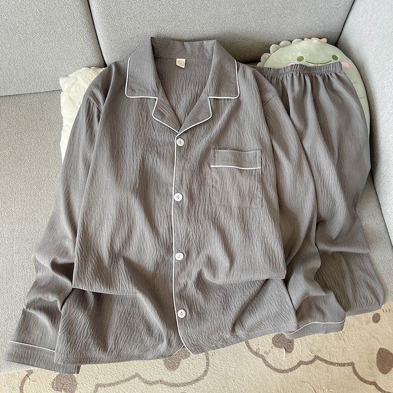 Spring and Autumn Men's Cloud Cotton Pajamas Casual Solid Color Cardigan Long Sleeve Trousers Can Be Weared Thin Homewear Suit