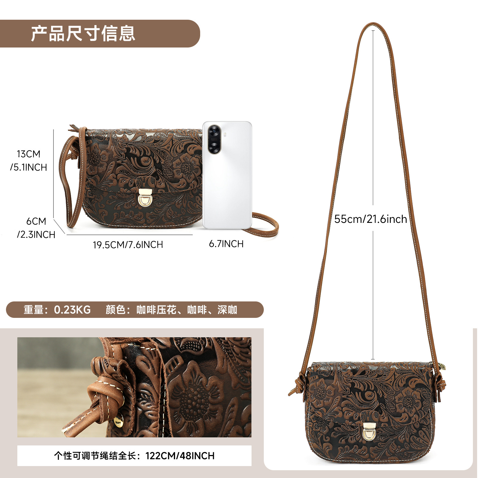 MASIWEI Crazy Horse Leather Vintage Embossed Shoulder Bag - Fashion Genuine Leather Women's Crossbody Bag with High-End Clasp - Thumbnail 5