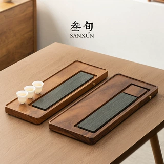 叁旬胡桃木乌金石茶盘家用排水式干泡茶台办公室高端长方形茶托盘