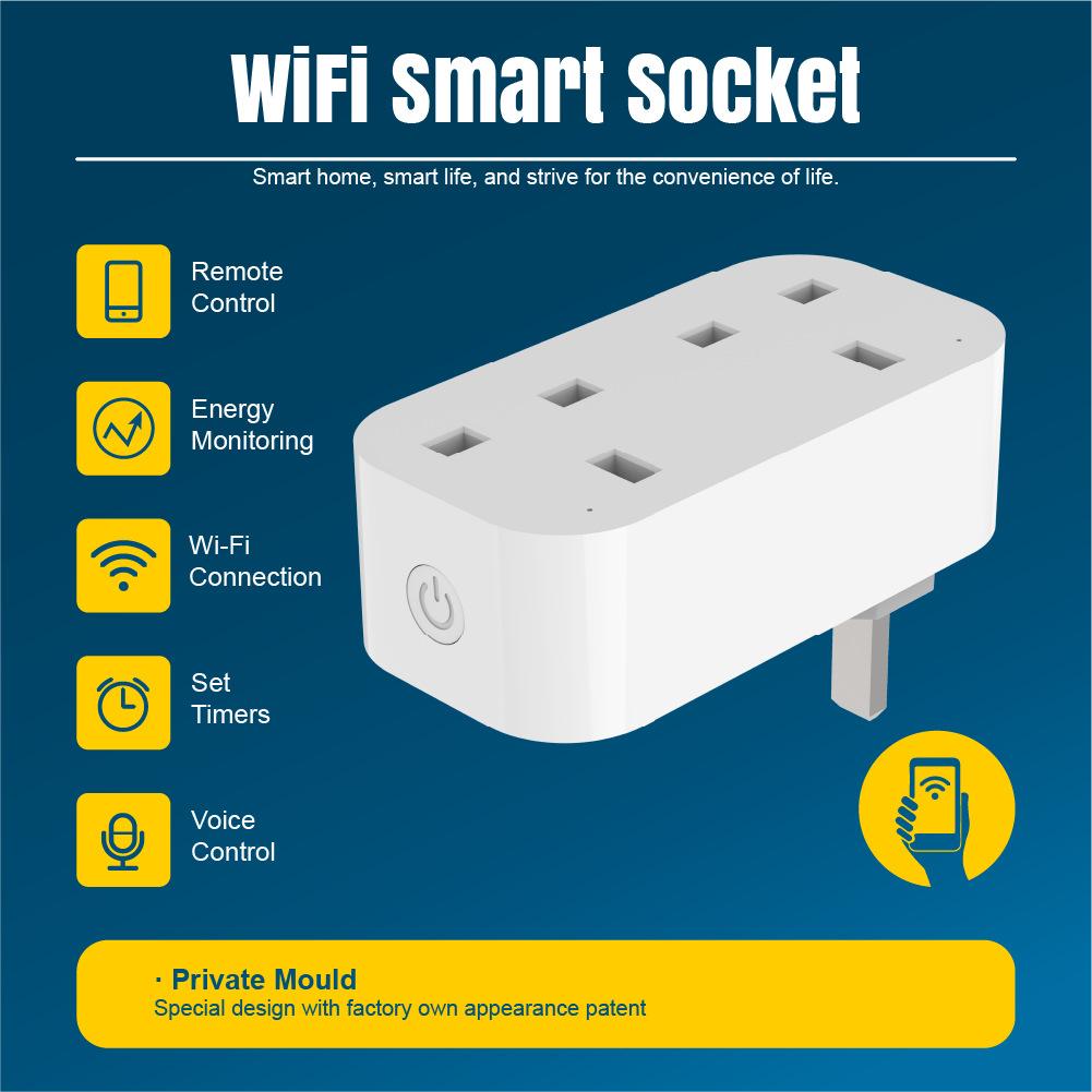 European Standard British 13A Power Metering One-To-Two Smart Socket with Mobile App Control, Tuya Smart Socket, Wifi Remote Timing