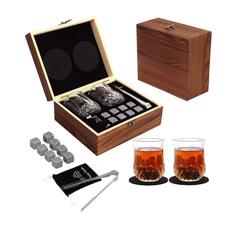 Wooden Ice Wine Stone Gift Whiskey Box Double Glasses Set Wooden Whiskey Set Box