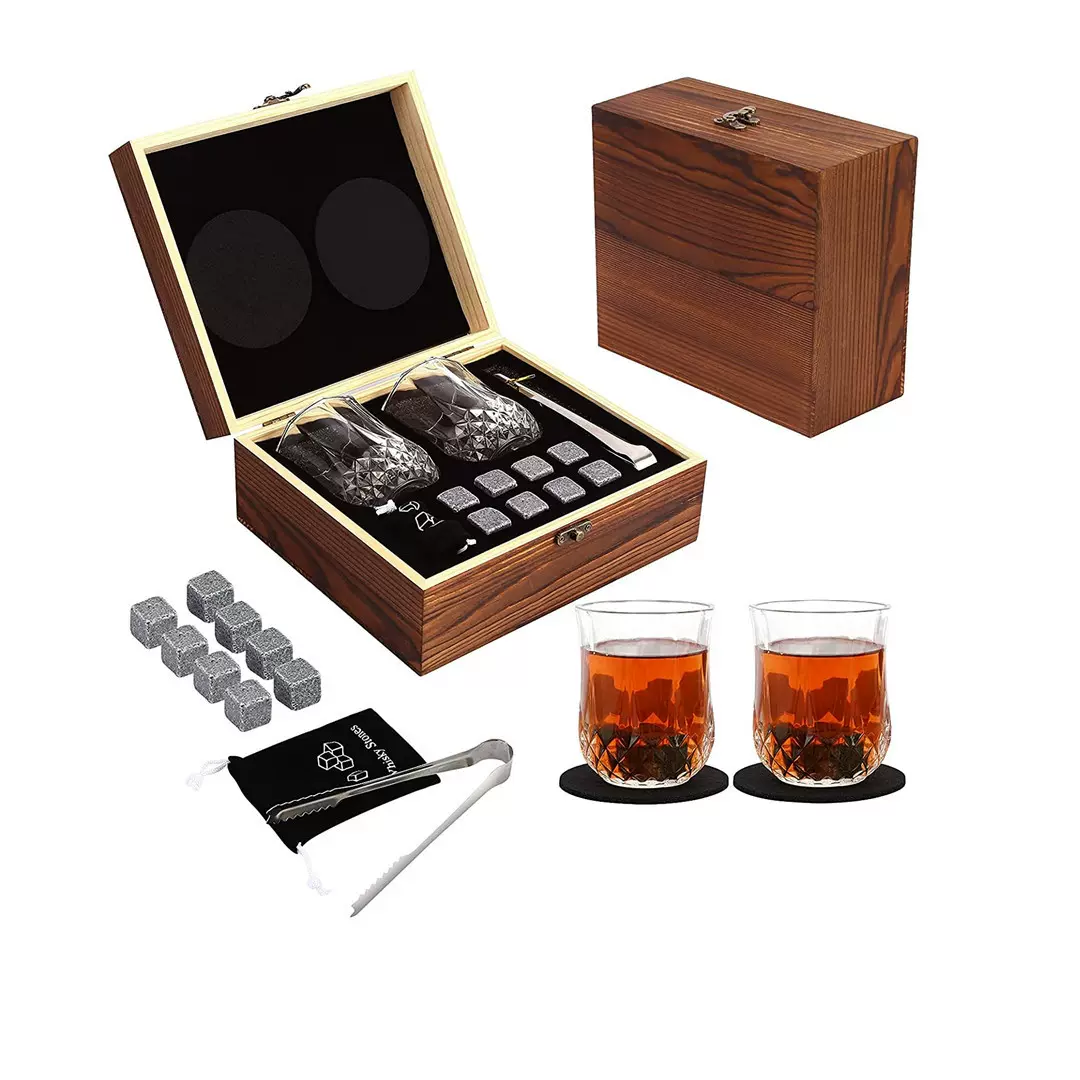 跨境木制冰酒石礼品威士忌木盒双酒杯礼物套装木质威士忌套装盒子