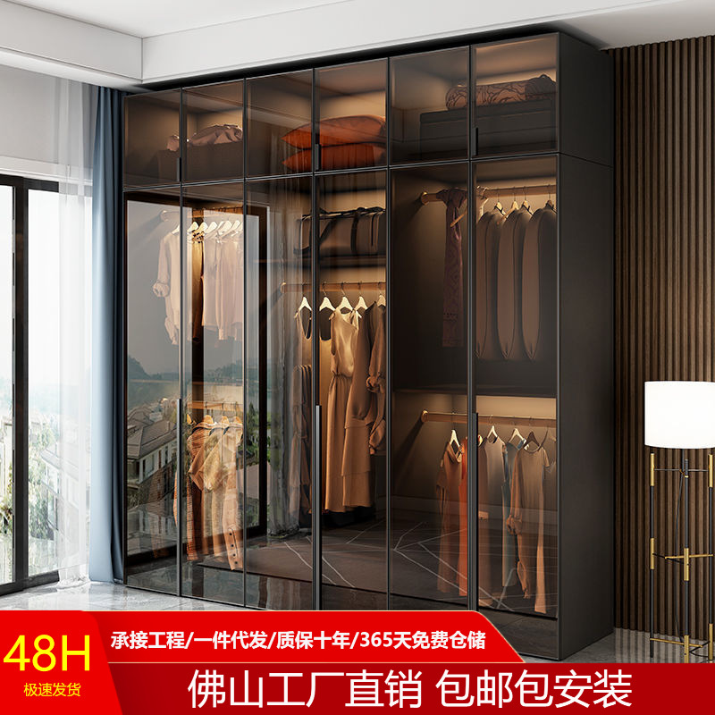 轻奢实木玻璃门衣柜卧室家用 L型现代转角衣帽间收纳柜子组合衣橱