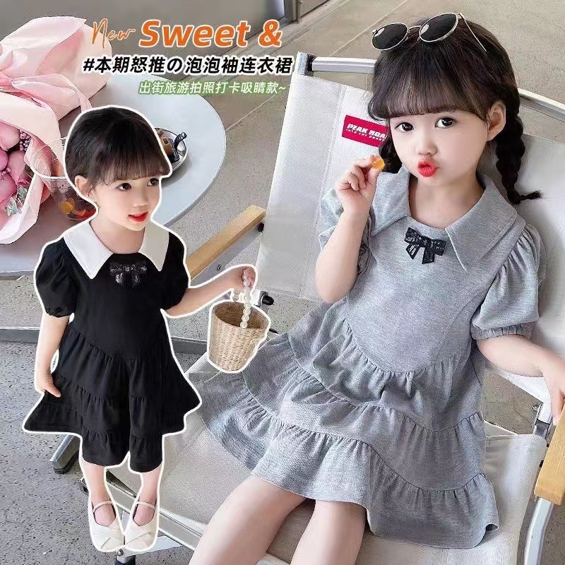 2025 Summer Girls New Fashionable Elegant Bow Puff Sleeve Little Girl Sweet Skirt Pure Cotton Dress