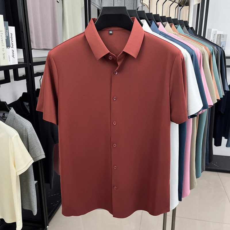 Camisa de manga corta para hombre 2025 verano blusa delgada media manga casual de seda de hielo sin costuras para hombre camisa de lino de seda de morera