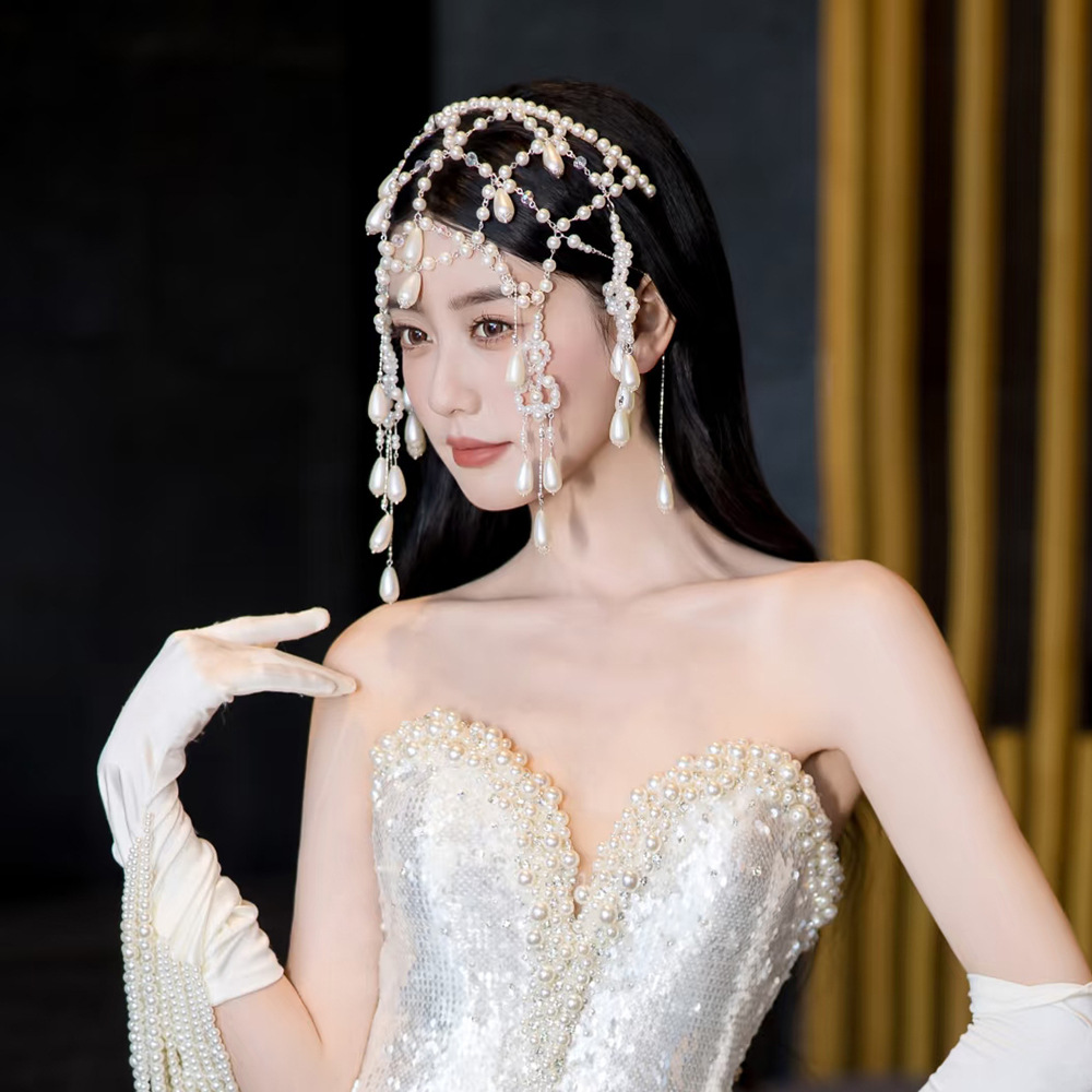 Elegant retro fashionable woven hair accessory for bride pearl with…
