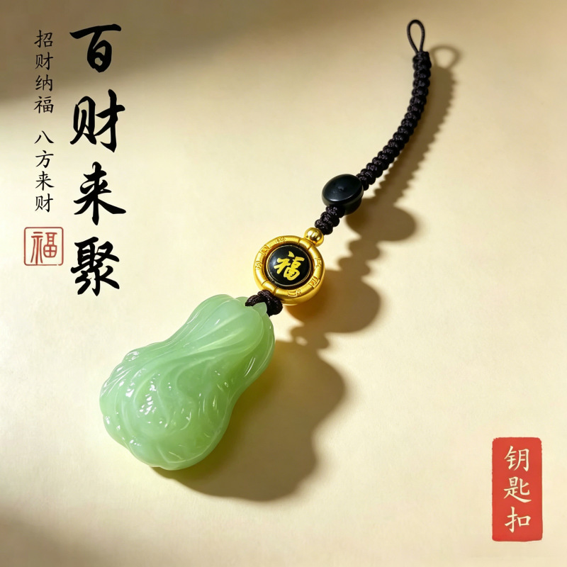 Ice-Green Jade Cabbage, Wealth Gathering, Fortune-Attracting Key Rope Necklace, Peace Pendant, Blessing Beads, Red Braided Rope