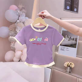 儿童韩版女童圆领洋气短袖多巴胺夏季新款修身学生上衣收腰外穿