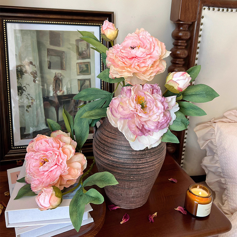 Flores de simulación de 2 flores de peonía de borde de coco, flores de loto falsas, decoración de escritorio de la casa nórdica, pintura al óleo de peonía falsa