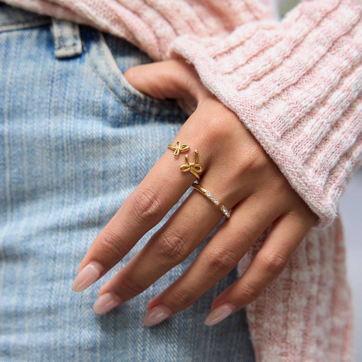 Wanxing acero inoxidable galvanizado 18K oro anillo de arco ajustable abertura dulce moda transfronteriza anillo de venta caliente