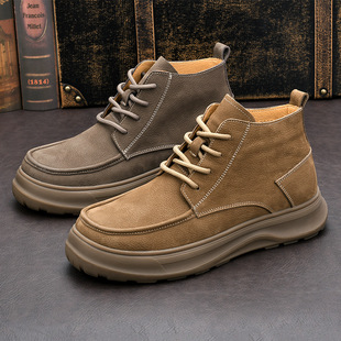 Men's Mid-Top Tooling Shoes fleece-lined Autumn and Winter Genuine Leather Vintage Handmade Height-Increasing Breathable Soft Leather Soft Bottom High-Top Martin Boots