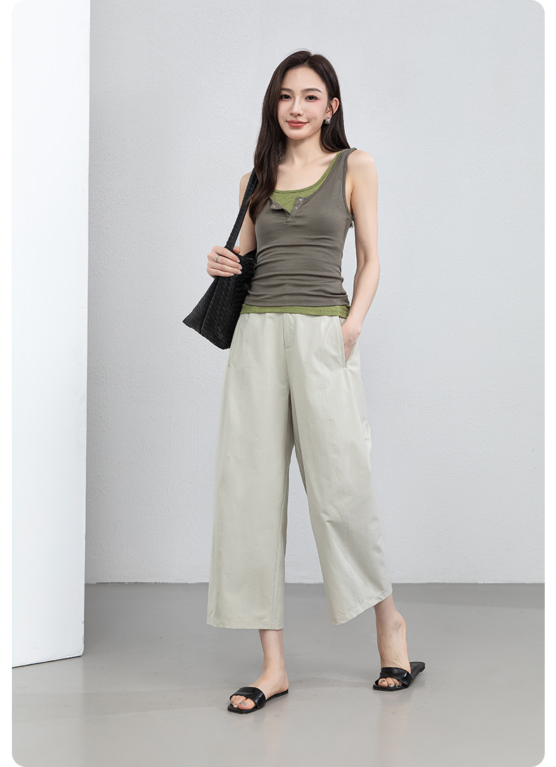 Quần culottes nữ ống rộng cạp cao dáng bong bóng, chất vải mỏng mùa hè, che hông tôn dáng — Hổ phách gừng chi tiết 26