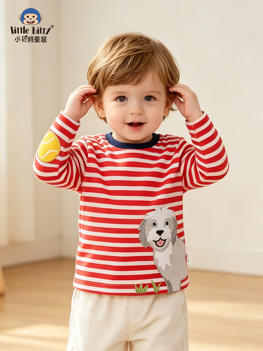 Cross-border children's clothing for autumn and winter, boys' long-sleeve T-shirt, 2026 cartoon animal striped embroidered children's base shirt top