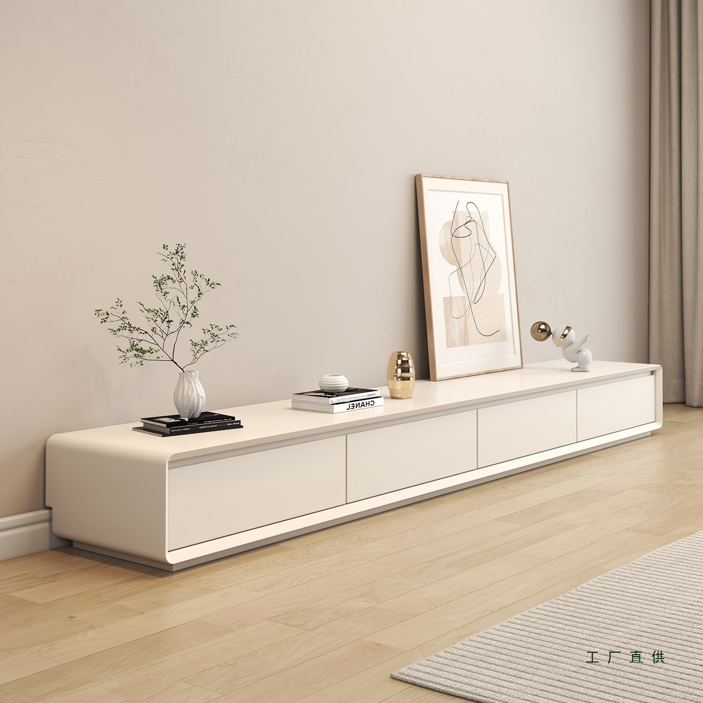 Nordic Cream Style Modern Simple Floor-Standing Tv Cabinet Coffee Table Combination Solid Wood Cabinet Minimalist Milk White Tv Cabinet