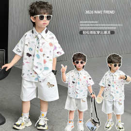 男童夏季套装2026新款儿童洋气卡通领带衬衫短袖男宝宝休闲两件套